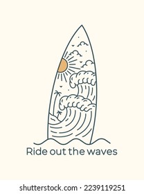 The waves and beach view in surfboard frame in mono line design for badge, sticker, patch, t shirt design vector