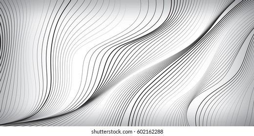 Waves of black lines on white background, abstract wallpaper, vector design 