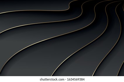 Waves of black paper with gold. Volumetric curves with overlapping and shadow. Modern exquisite abstract background. Background template  banner, poster, cover and presentation. Vector illustration
