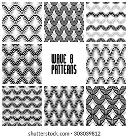 Waves black and white seamless patterns set, geometric vector backgrounds collection.
