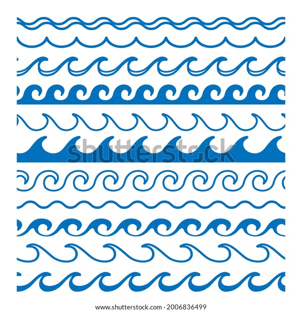 Waves borders clipart. Sea wave vector\
border set, summer sea repeating tide divider symbols, ocean water\
surface collection, lines pool horizontal\
shapes