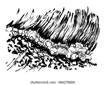 Waves brush ink sketch handdrawn serigraphy print