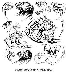 Waves brush ink sketch handdrawn serigraphy print set