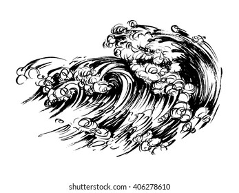 Waves brush ink sketch handdrawn serigraphy print