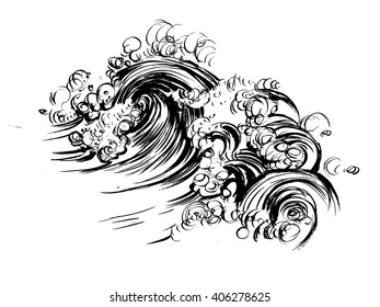 Waves brush ink sketch handdrawn serigraphy print