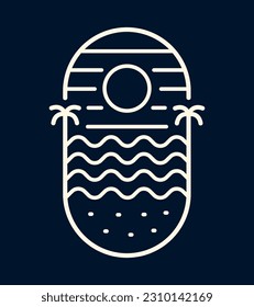 Las olas y el coco en el diseño de vectores de línea mono para camisetas, insignia, pegatina, etc.