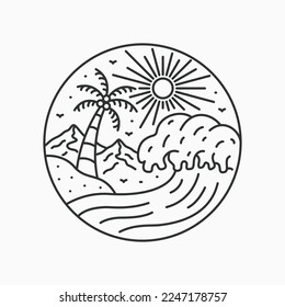 The waves and coconut tree mono line art for design t-shirt, badge, sticker, etc