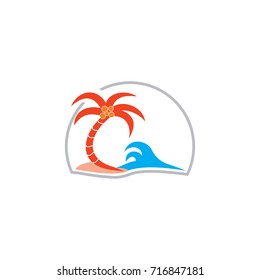 waves and coconut tree symbol logo vector