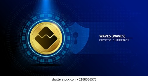 Waves (WAVES) coin gold. Cryptocurrency blockchain. Future digital (crypto currency) currency replacement technology concept. On blue background. 3D Vector illustration.