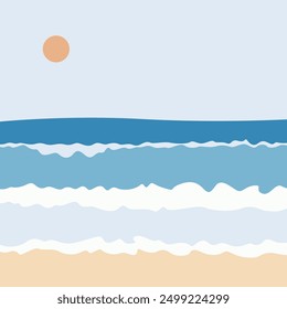 waves crashing on the beach and the sun in summer art and illustration background