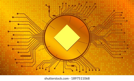 Waves cryptocurrency token symbol, coin icon in circle with pcb on gold background. Vector illustration in techno style for website or banner.