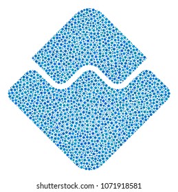 Waves Currency mosaic of circle dots in different sizes and color shades. Circle dots are grouped into waves currency vector illustration. Dotted vector design concept.