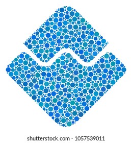 Waves Currency mosaic of filled circles in different sizes and color tints. Circle dots are composed into waves currency vector collage. Vector design concept.