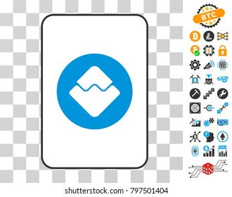 Waves Currency playing card pictograph with additional bitcoin mining and blockchain symbols. Flat vector icons for crypto currency apps.