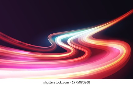 Waves curves of light trail, long exposure effect vector illustration. City transport cars drive and move on abstract highway with glowing shiny lights, traffic evening way glows on dark background