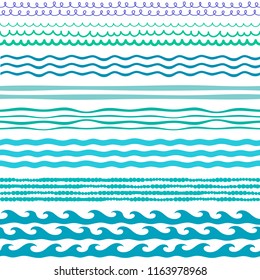Waves decorative design elements. Wavy  seamless borders, ornaments, patterns. Stripes and corly lines background.