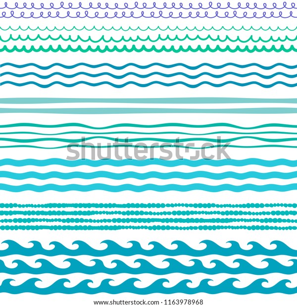 Waves\
decorative design elements. Wavy  seamless borders, ornaments,\
patterns. Stripes and corly lines\
background.
