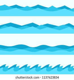 waves in different styles, flat style, vector image, raging ocean, sea water, icon set, design element, ornaments and patterns