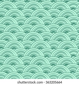Waves doodle background with paper ships. Sea seamless pattern
