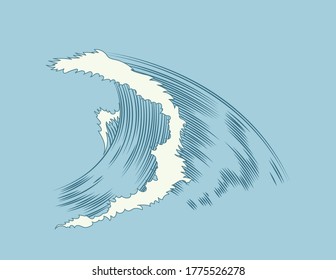 Waves engraving. Marine and nautical or ocean waves background for banner or poster. Hand drawn sketch of sea splash. Retro background