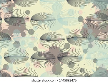 waves of feathers above ink splatters seamless pattern in ivory soft blue shades