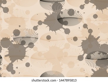 waves of feathers above ink splatters seamless pattern in retro sepia ivory shades