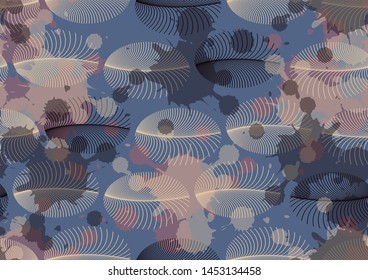 waves of feathers above ink splatters seamless pattern in retro blue silver shades