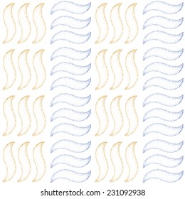 Waves and fire hand drawn abstract vector seamless pattern. Dots stippling ink style. Yellow and blue color. Isolated on white 