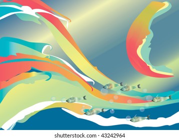 waves, fishes and bubbles over a beautiful background EPS 10, transparencies