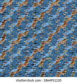Olas y peces. Textura sin inconvenientes. Resumen de fondo vectorial para página web, fondo de banners, tela, decoración doméstica, envoltura
