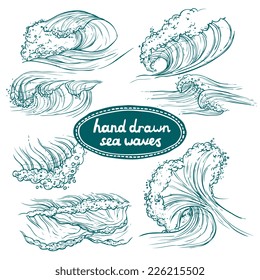 Waves flowing water hand drawn sea ocean icons set isolated vector illustration