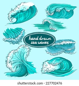 Waves flowing water hand drawn sea ocean colored decorative icons set isolated vector illustration