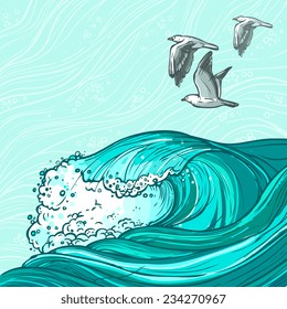Waves flowing water hand drawn sea ocean and seagull birds colored background vector illustration