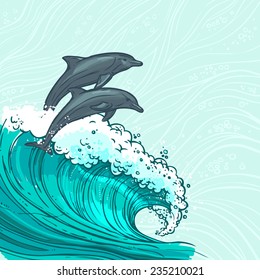 Waves flowing water sketch sea ocean and two dolphins colored background vector illustration