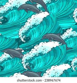 Waves flowing water sketch sea ocean and dolphins colored seamless pattern vector illustration