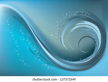 Waves with foam of of bubbles on  blue mesh gradient background