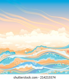 Waves and foam on a sunset cloudy sky. Seascape vector illustration.