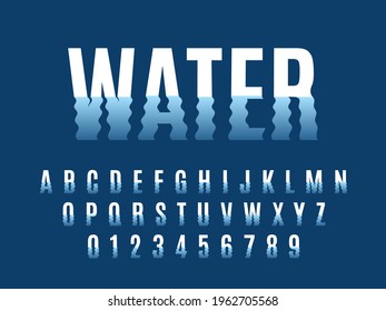 Waves font. Ripple water reflexes english alphabet, wavelike letters and numbers distortion, liquid deformation simple text, lower parts fluctuation typeset. Vector isolated abc set