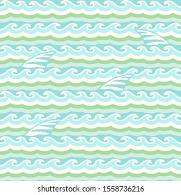 Waves geometric abstract seamless pattern. Sea  tides, ocean waves, shark fins vector background.