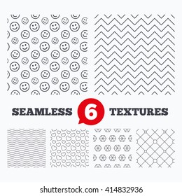 Waves and geometry design. Hearts, smile and circles grid seamless textures. Linear geometric ornament patterns. Modern textures. Material patterns.