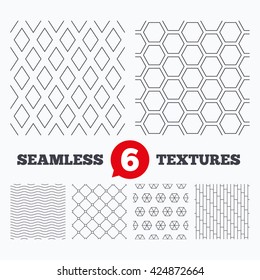 Waves and geometry design. Rhombus, hexagon and grid with circles seamless textures. Linear geometric patterns. Modern textures. Material patterns.