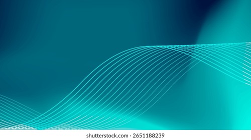 Waves of glowing cyan lines flow gently across a blue-green gradient background, creating an elegant and serene visual effect with a modern and abstract aesthetic appeal