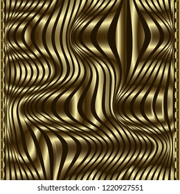 Waves gold 3d trendy vector seamless pattern. Modern textured ornamental wavy lines background. Striped repeat gold and black backdrop. Abstract geometric surface ornament with optical illusion effect