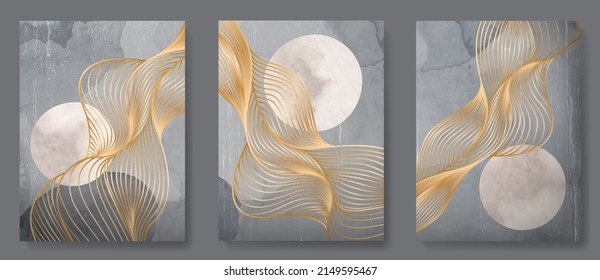 Waves in golden line art with moon or sun on a gray watercolor background. Set of elegant prints for decoration, interior design, poster