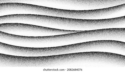 Waves grain pattern background. Black noise dots wavy surface. Sand grain effect. Curve dots grunge banner. Abstract noise dotwork pattern. Circles wave texture. Dotted ripple vector.
