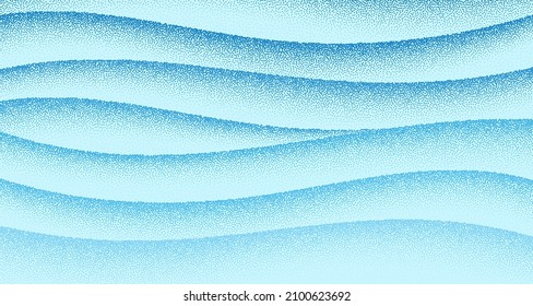 Waves grain pattern background. Blue noise dots wavy surface. Sand grain effect. Curve dots grunge banner. Abstract noise dotwork pattern. Circles wave texture. Dotted ripple vector.