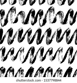 Waves grunge drawing seamless vector pattern. Scribbles hand drawn lines. Black paint dry brushstroke background, backdrop. Ink brush, pen abstract texture. Wrapping paper, textile, wallpaper design.
