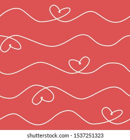 Waves and hearts seamless pattern on a red background. Suitable for packaging design and print on fabric. Vector.

