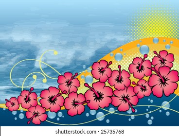 Waves and hibiscus in summer composition.