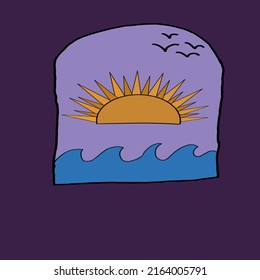 the waves with the hot sun and some birds are flying